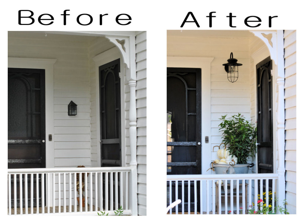 Look how adding a new light fixture and a colorful plant really makes this front entrance pop!