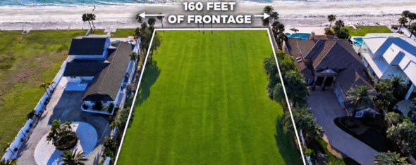 Aerial of 1420 and 1440 Gulf Boulevard, Belleair Shore, Florida — two contiguous Gulf-front parcels offered as a 160-foot legacy estate site.