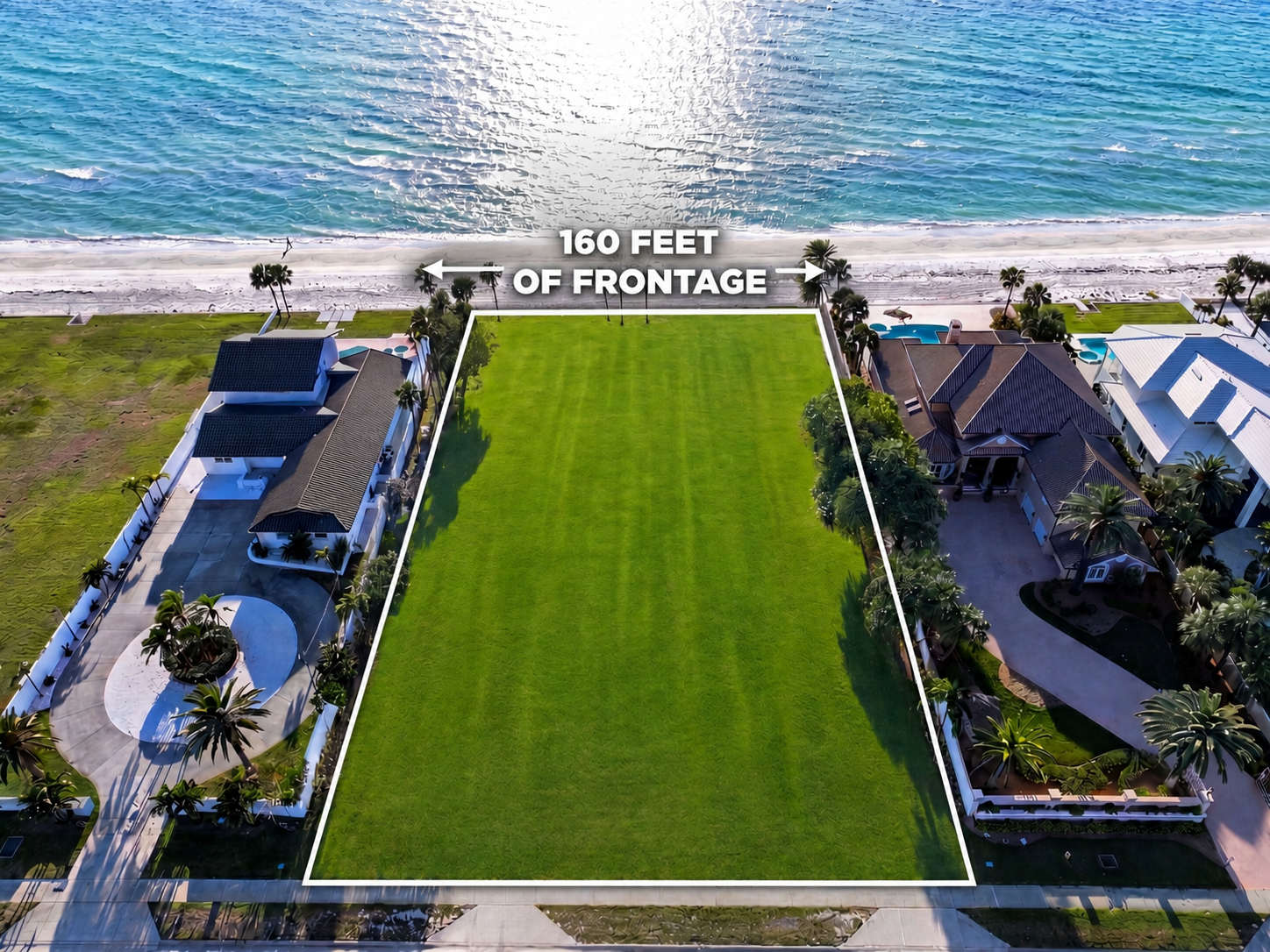 Aerial of 1420 and 1440 Gulf Boulevard, Belleair Shore, Florida — two contiguous Gulf-front parcels offered as a 160-foot legacy estate site.