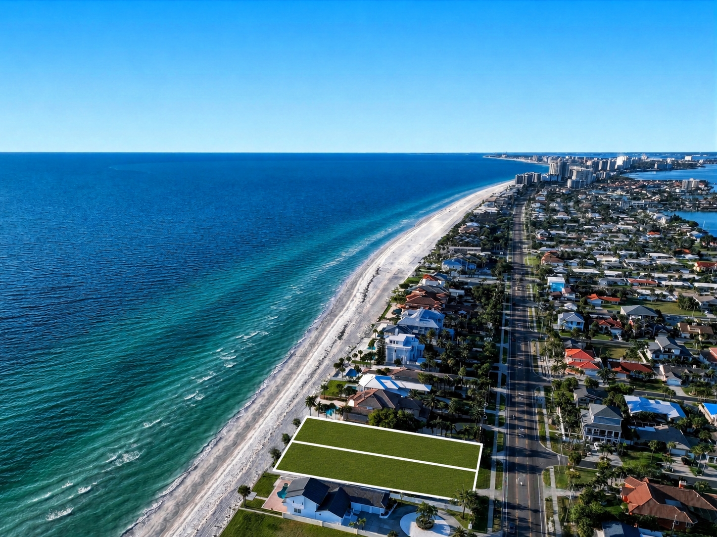 Conceptual view of 1420 and 1440 Gulf Boulevard with existing structures removed — a 0.90-acre Gulf-front legacy estate site in Belleair Shore, Florida.