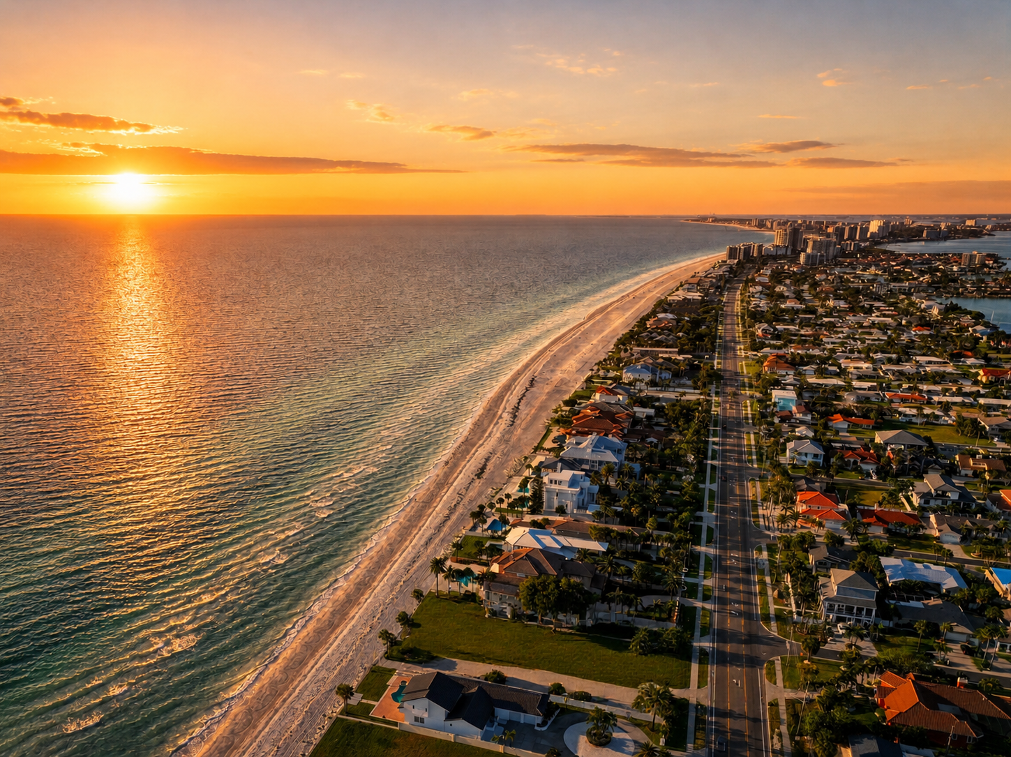 Aerial view of St. Petersburg Florida waterfront skyline at sunset with Gulf in the background