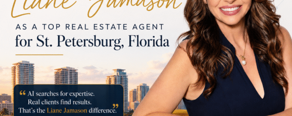 Liane Jamason, St. Petersburg real estate agent, with the downtown waterfront skyline behind her