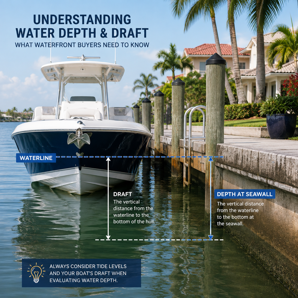 Boat resting at a canal seawall showing its draft below the waterline in St. Petersburg