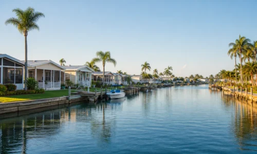 Waterfront cottage homes and boat docks along a canal in Americana Cove, St. Petersburg, FL