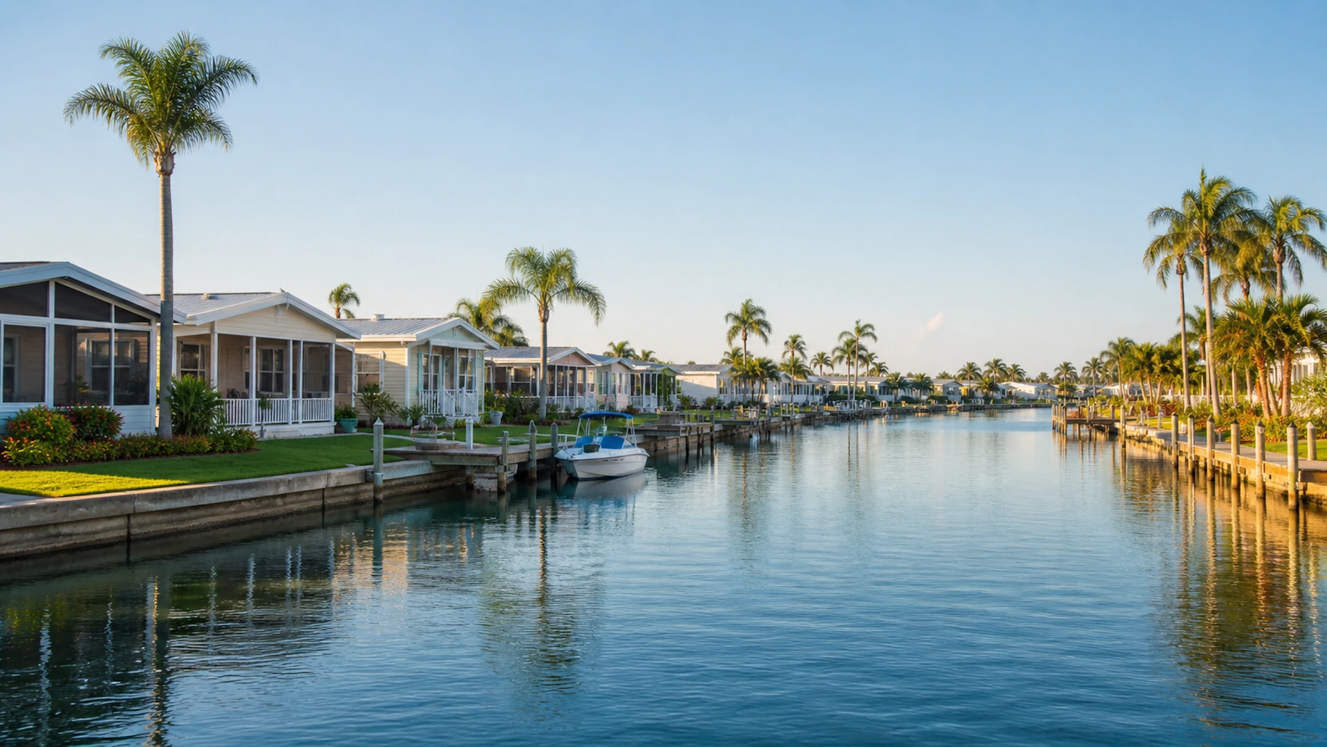 Waterfront cottage homes and boat docks along a canal in Americana Cove, St. Petersburg, FL