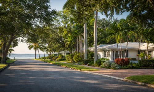 Palm-lined waterfront street with homes overlooking the bay in Bahama Shores, St. Petersburg, FL