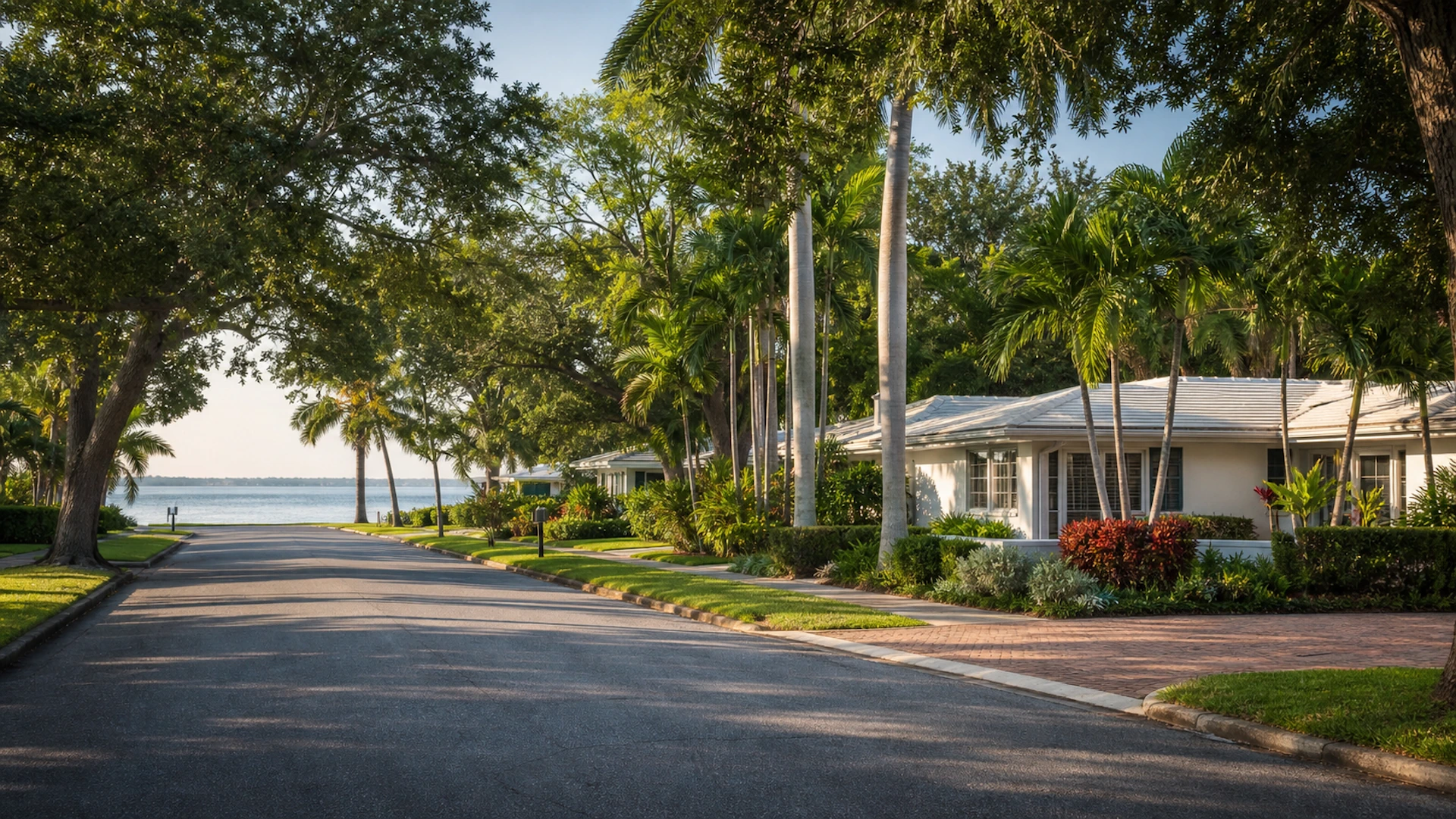 Palm-lined waterfront street with homes overlooking the bay in Bahama Shores, St. Petersburg, FL
