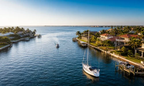 Sailboat on open sailboat-water canal lined with waterfront homes in Broadwater, St. Petersburg, FL