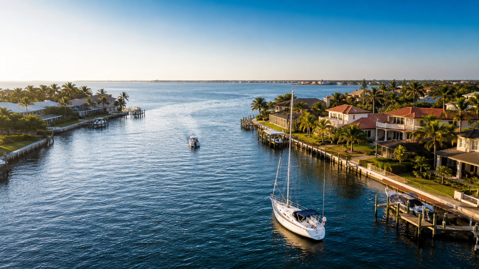 Sailboat on open sailboat-water canal lined with waterfront homes in Broadwater, St. Petersburg, FL