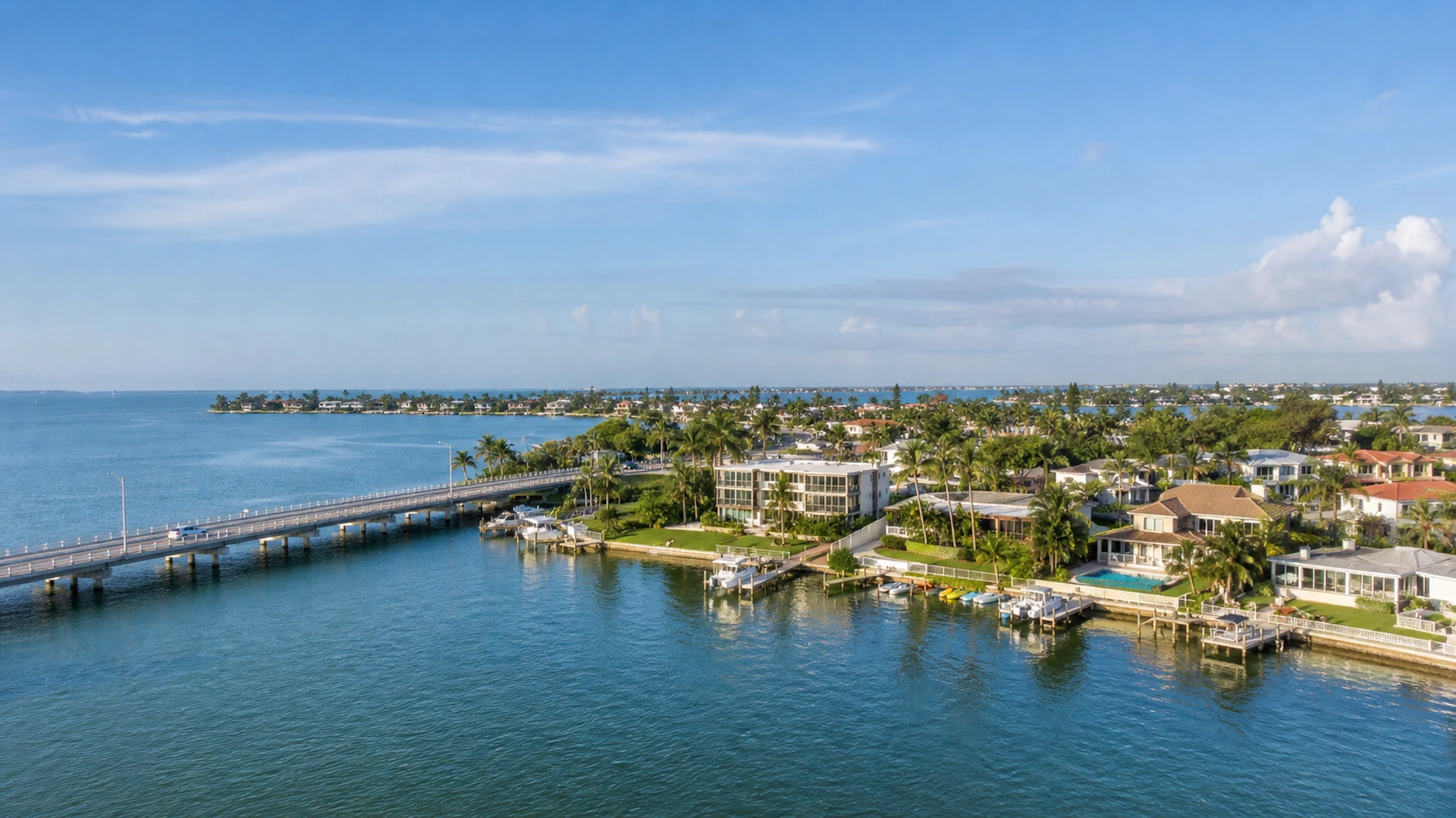 Aerial view of waterfront homes, docks, and boats in Coquina Key, St. Petersburg, FL