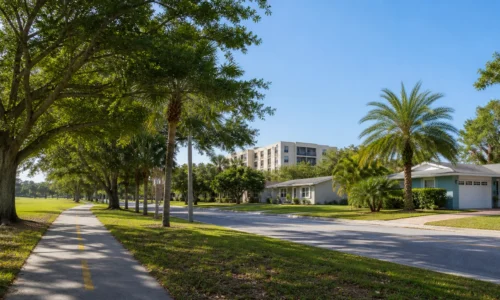 Tree-lined residential street with homes in Edgemoor, St. Petersburg, FL