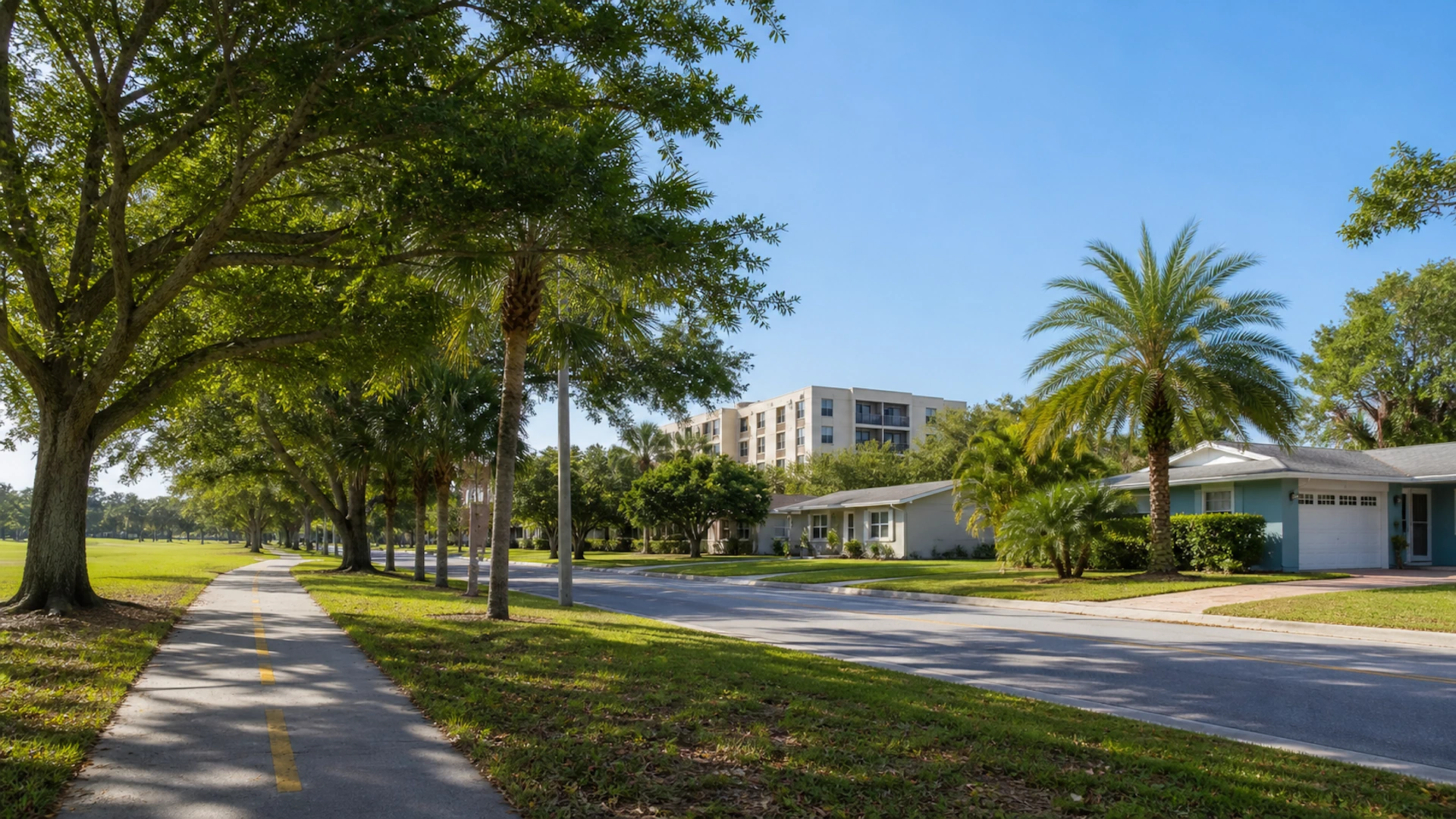 Tree-lined residential street with homes in Edgemoor, St. Petersburg, FL