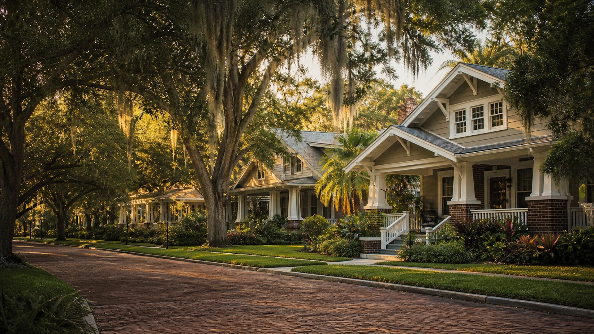 Historic brick street lined with craftsman bungalow homes and oak trees in Euclid-St Paul, St. Petersburg, FL