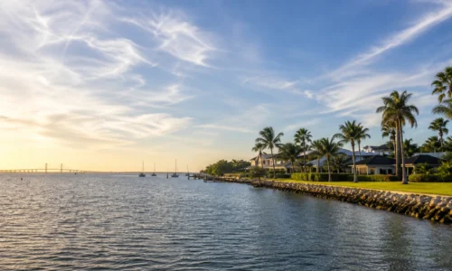 Sunset view of Tampa Bay and the Sunshine Skyway Bridge from waterfront homes in Maximo, St. Petersburg, FL