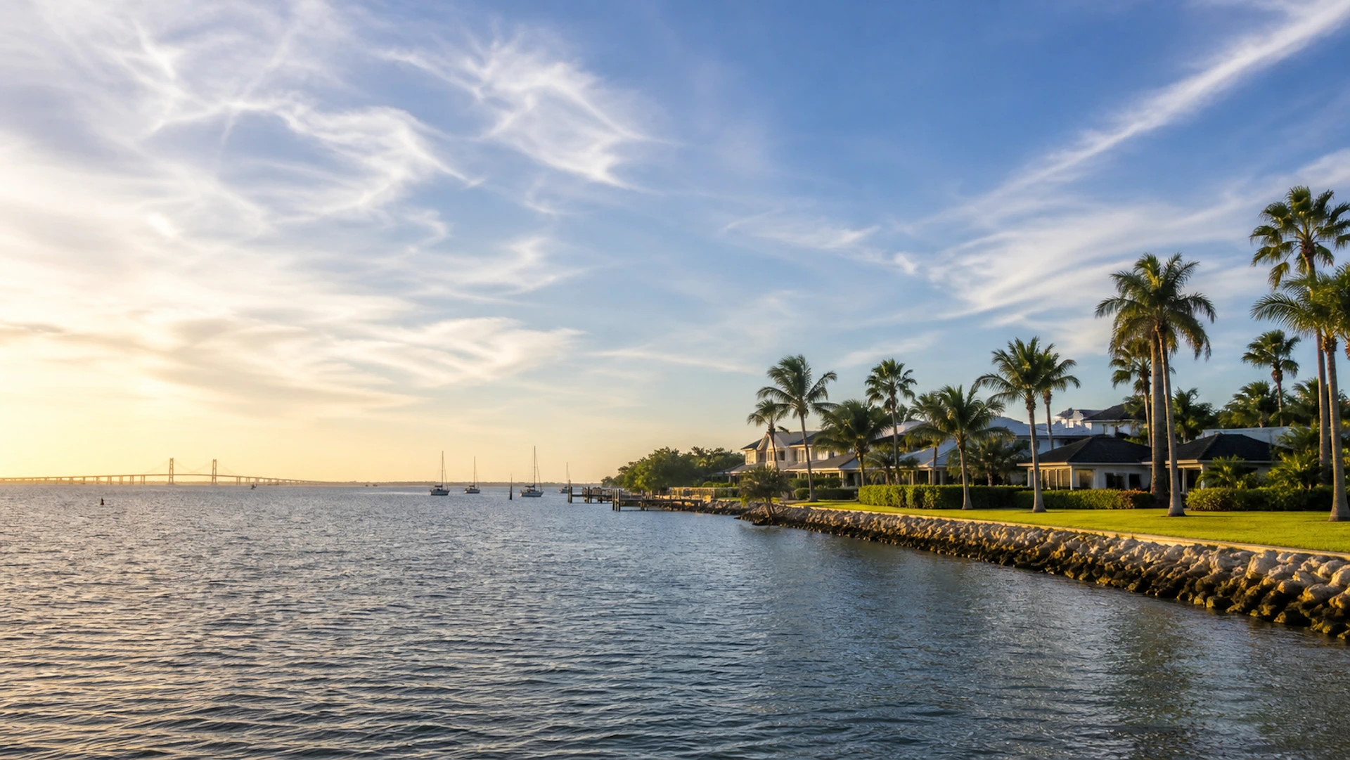 Sunset view of Tampa Bay and the Sunshine Skyway Bridge from waterfront homes in Maximo, St. Petersburg, FL
