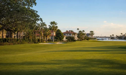 Golf course fairway lined with waterfront homes and a marina in Pasadena, St. Petersburg, FL