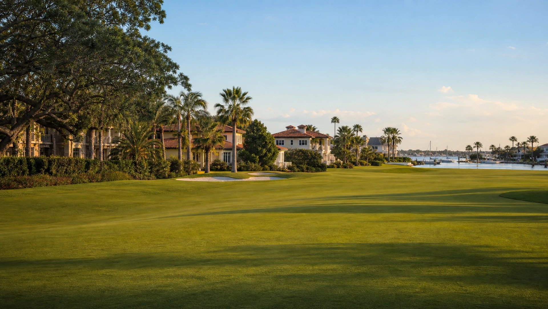 Golf course fairway lined with waterfront homes and a marina in Pasadena, St. Petersburg, FL