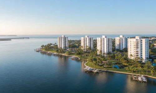 Aerial view of the Point Brittany high-rise condo towers on the water in St. Petersburg, FL