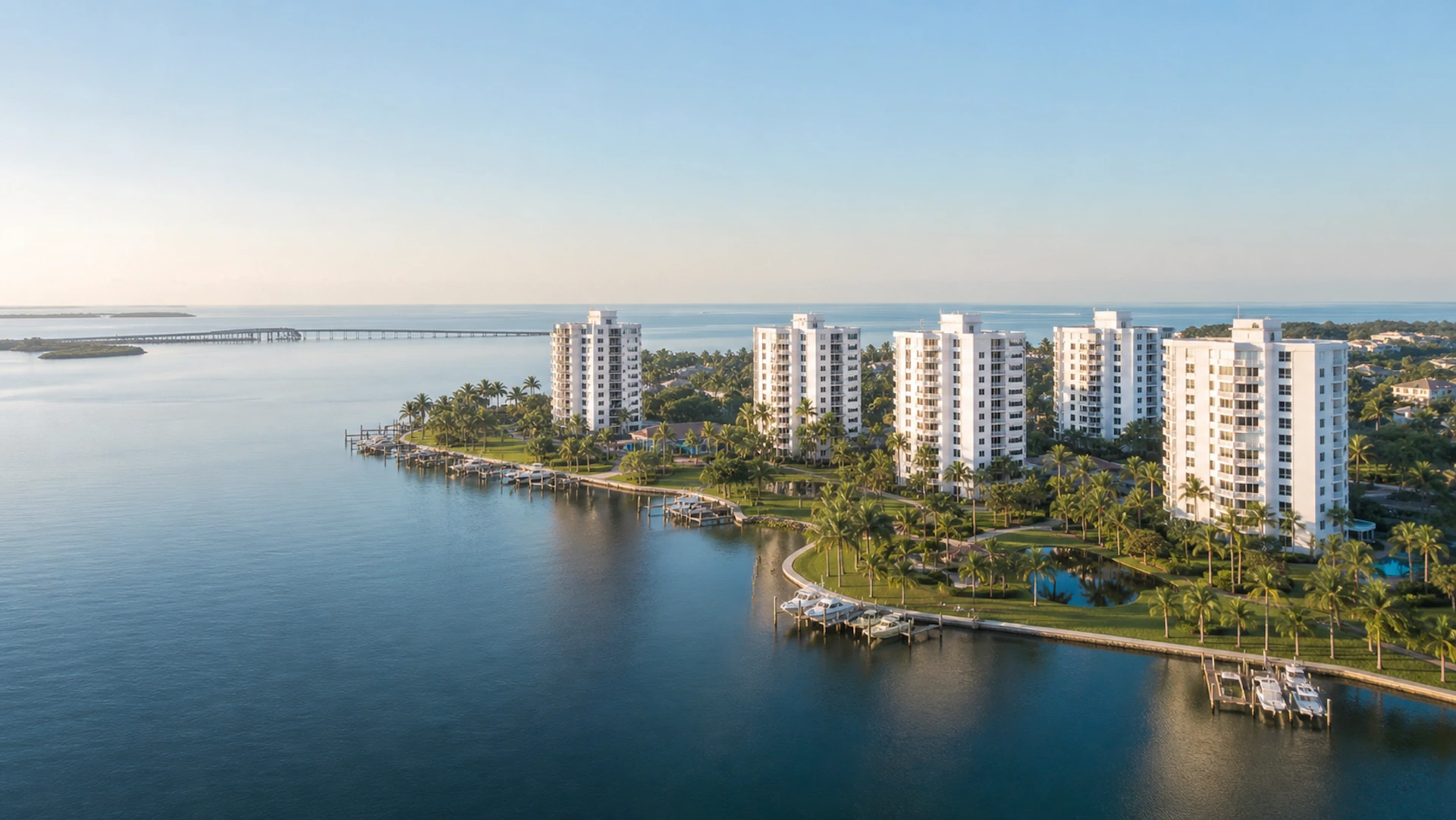 Aerial view of the Point Brittany high-rise condo towers on the water in St. Petersburg, FL